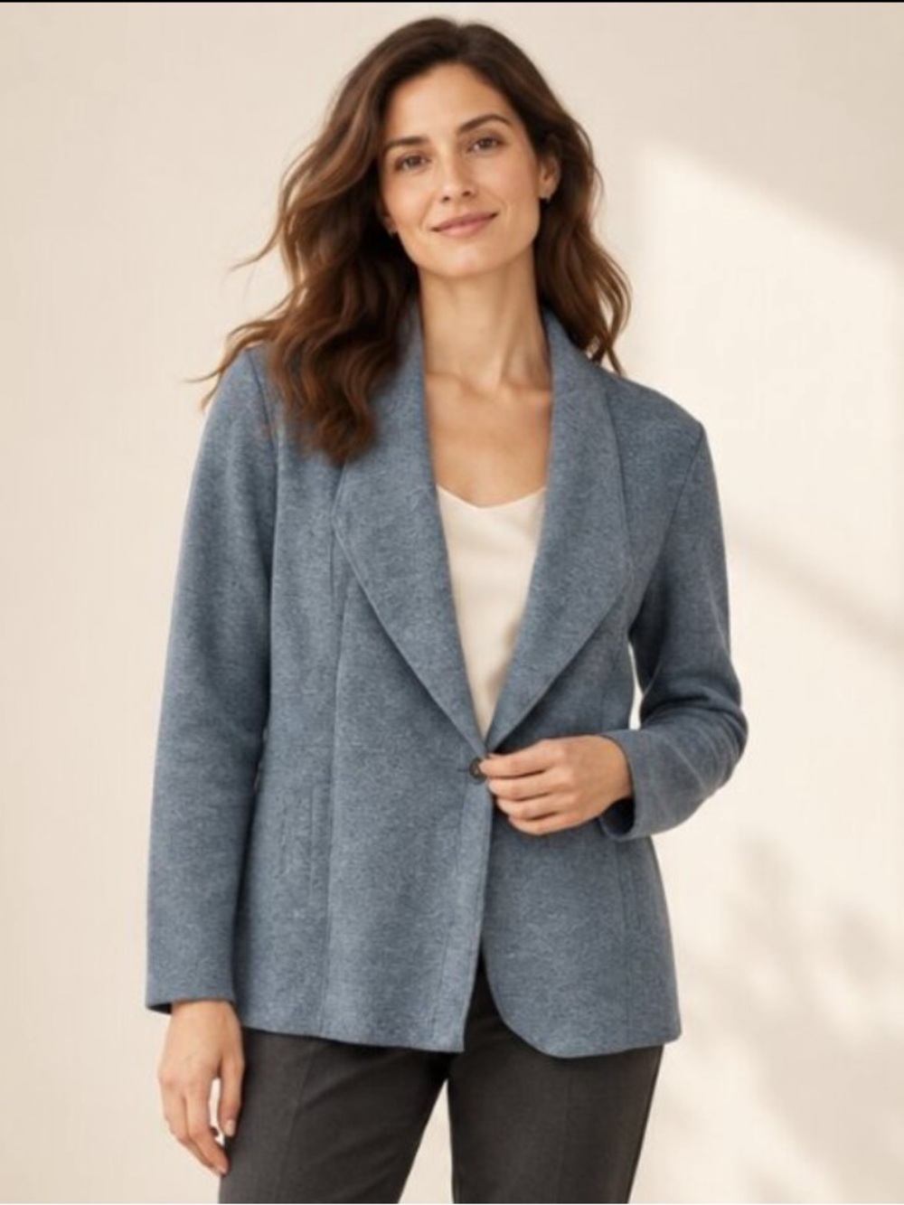 Eileen Fisher Merino Wool Knit Blazer Teal Gray Blue Size Small Petite